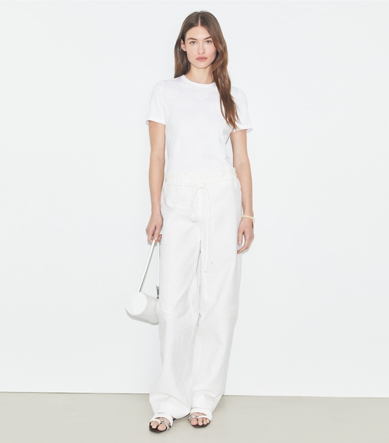 Tory Burch designer トップス Tモノグラム ロゴ Tシャツ in Marshmallow / White front