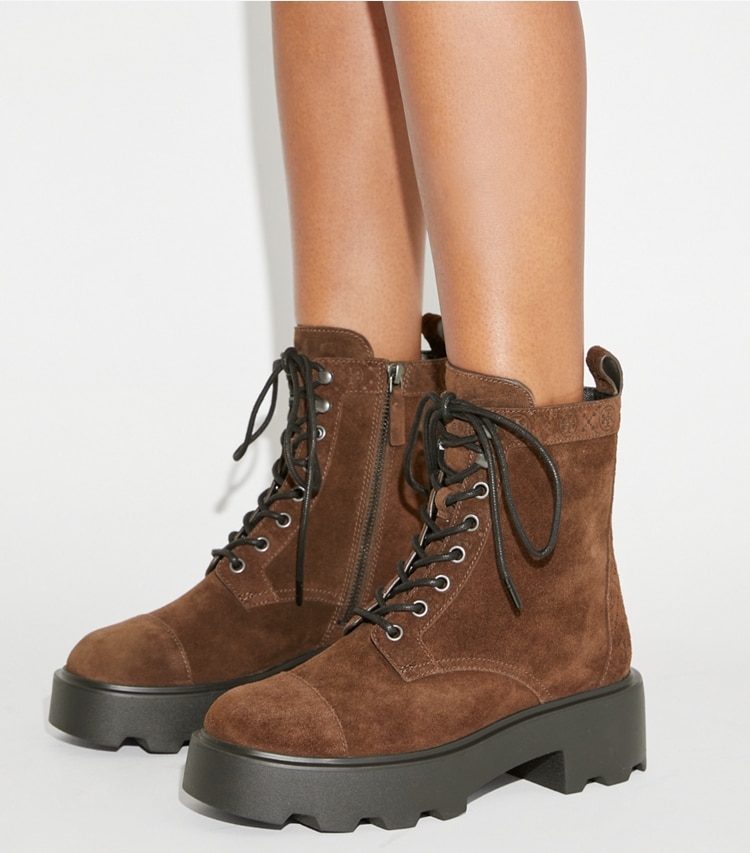 Tory Burch designer ankle boots T Monogram Lug Ankle Boot in COCOA accessory on model