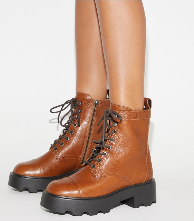 Tory Burch designer ankle boots T Monogram Lug Ankle Boot in TOASTED CARAMEL angle