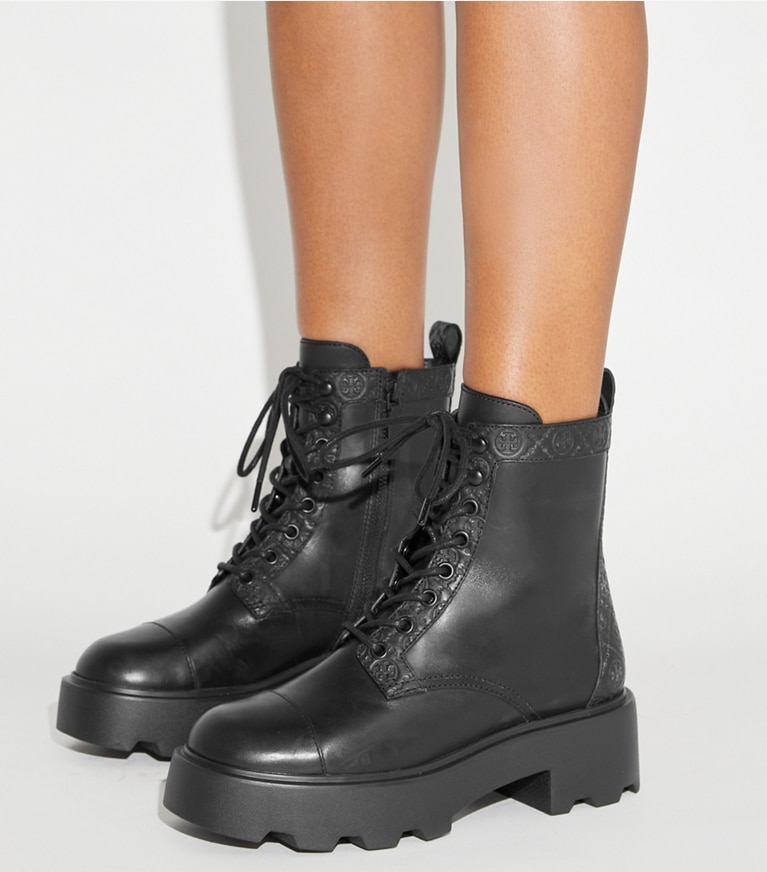Tory Burch designer ankle boots T Monogram Lug Ankle Boot in PERFECT BLACK angle