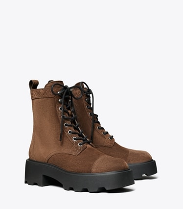 Tory Burch designer ankle boots T Monogram Lug Ankle Boot in COCOA angle
