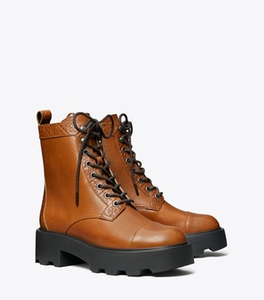 Tory Burch designer ankle boots T Monogram Lug Ankle Boot in TOASTED CARAMEL angle
