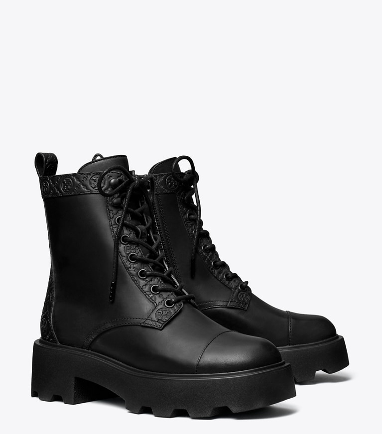 Tory Burch designer ankle boots T Monogram Lug Ankle Boot in PERFECT BLACK angle