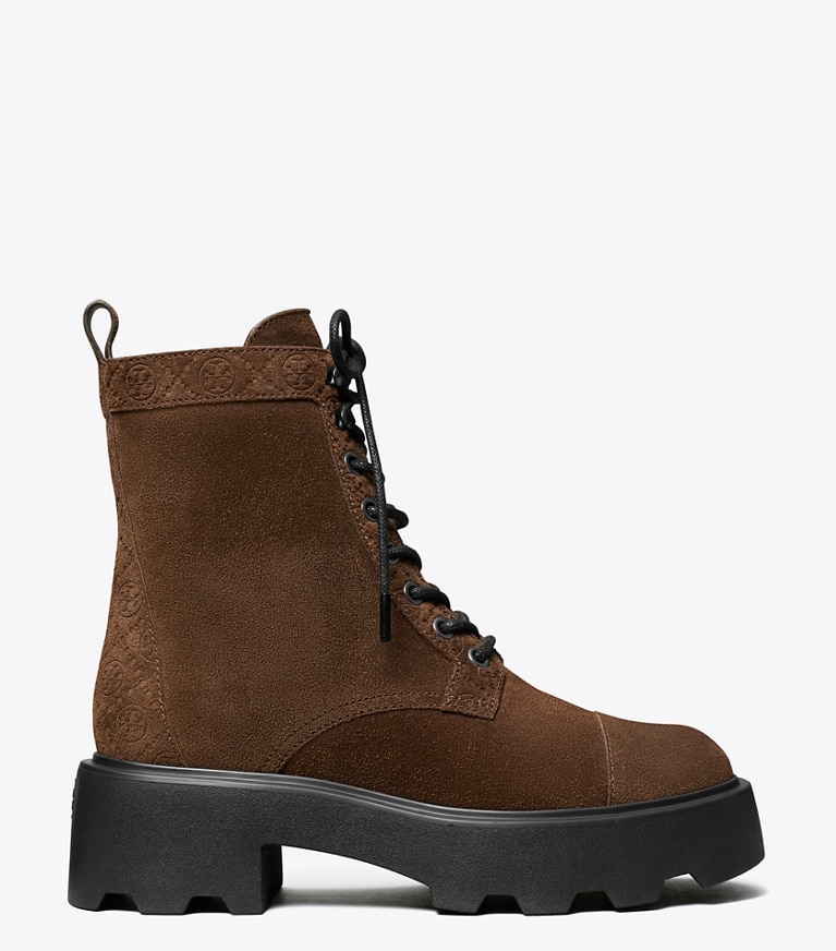 Tory Burch designer ankle boots T Monogram Lug Ankle Boot in COCOA angle