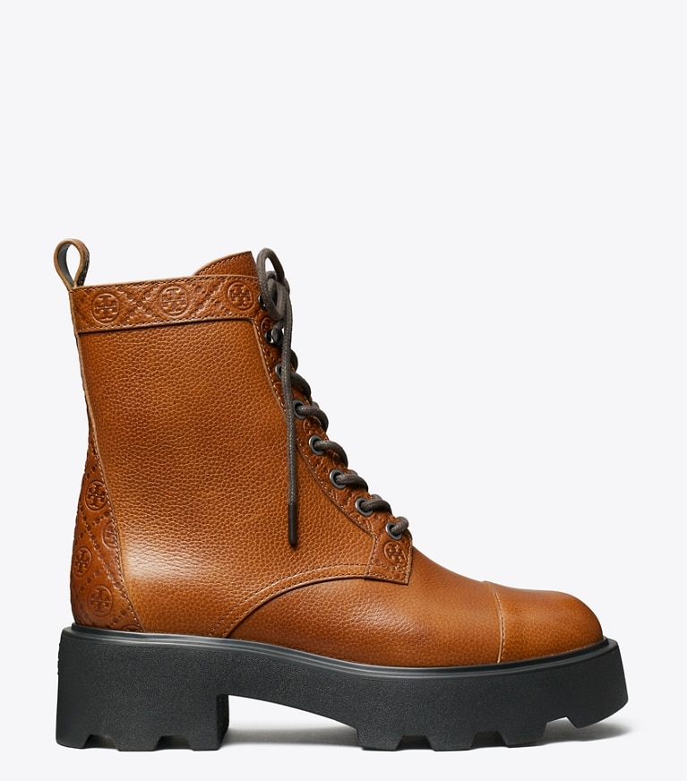 Tory Burch designer ankle boots T Monogram Lug Ankle Boot in TOASTED CARAMEL angle