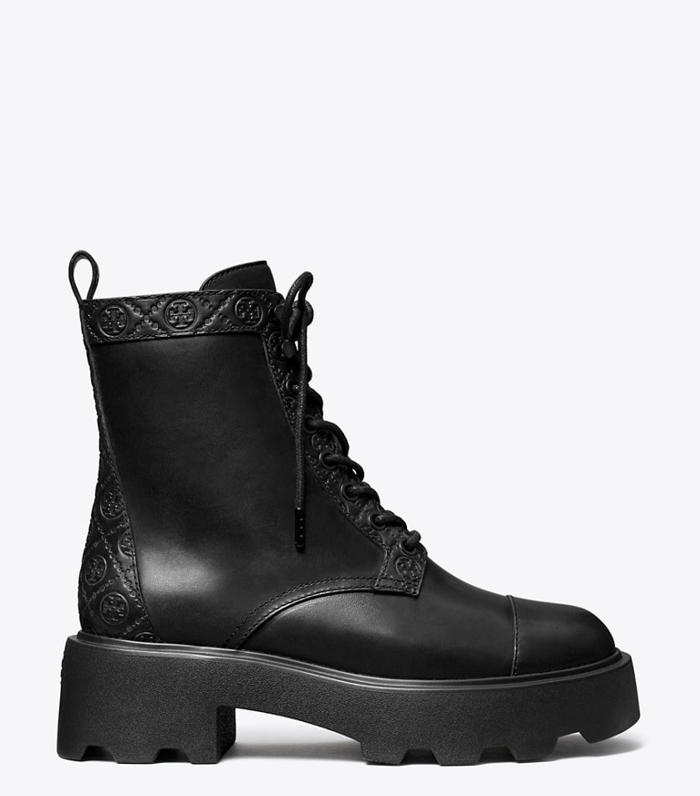 Tory Burch designer ankle boots T Monogram Lug Ankle Boot in PERFECT BLACK angle