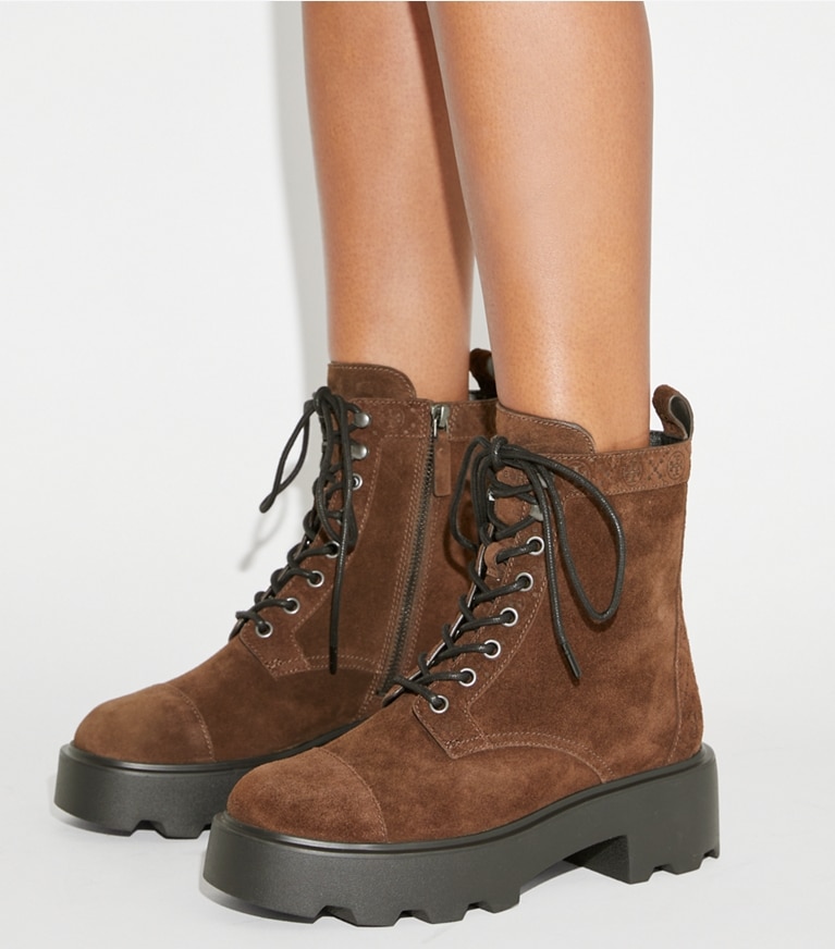 Tory Burch designer ankle boots T Monogram Lug Boot in COCOA angle