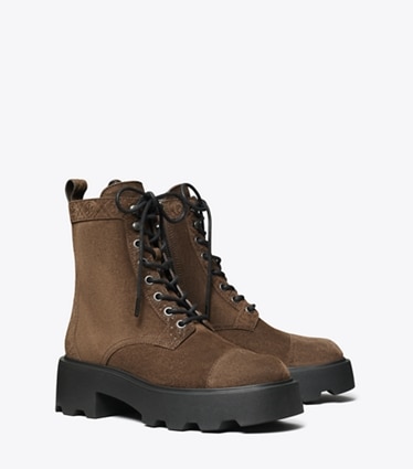 Tory Burch designer ankle boots T Monogram Lug Boot in COCOA angle