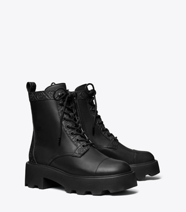 Tory Burch designer ankle boots T Monogram Lug Boot in PERFECT BLACK angle