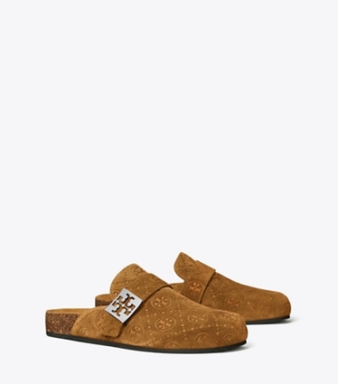 Tory Burch designer flats T Monogram Mellow Mule in GOLDEN BROWN / SILVER angle