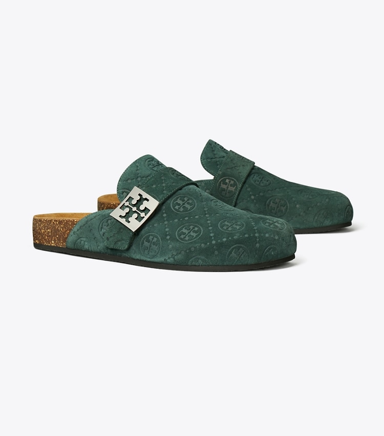 Tory Burch designer flats T Monogram Mellow Mule in WARM TEAL / SILVER angle