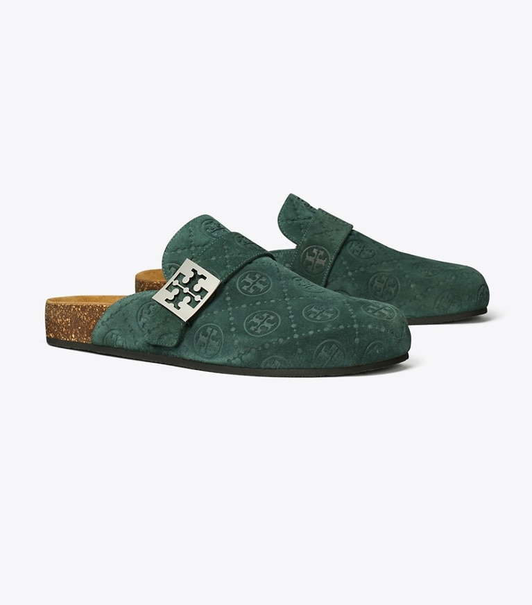 Tory Burch designer flats T Monogram Mellow Mule in WARM TEAL / SILVER angle