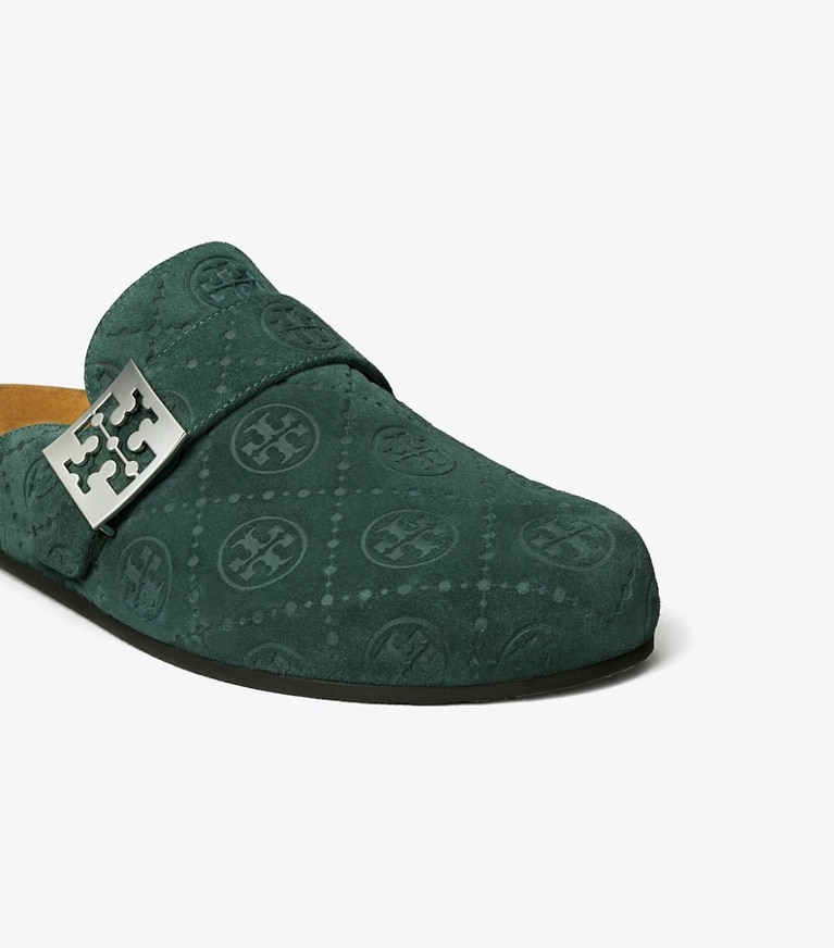 Tory Burch designer flats T Monogram Mellow Mule in WARM TEAL / SILVER angle