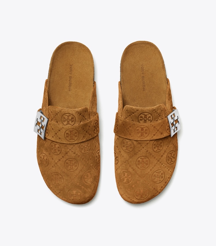 Tory Burch designer flats T Monogram Mellow Mule in GOLDEN BROWN / SILVER overhead