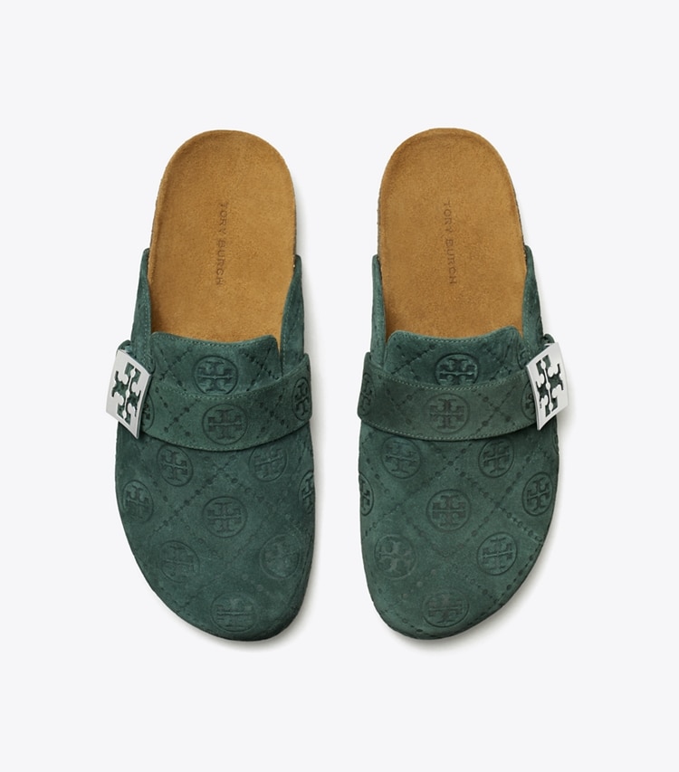 Tory Burch designer flats T Monogram Mellow Mule in WARM TEAL / SILVER overhead