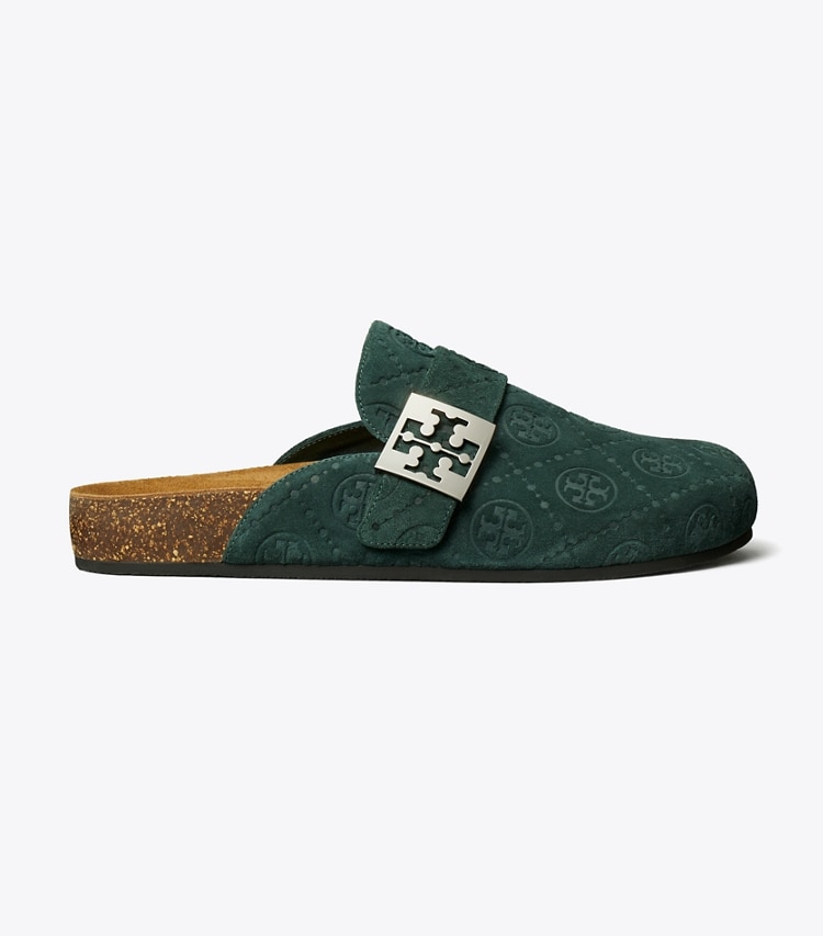 Tory Burch designer flats T Monogram Mellow Mule in WARM TEAL / SILVER side