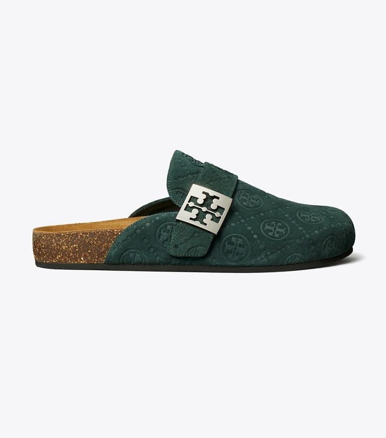 Tory Burch designer flats T Monogram Mellow Mule in WARM TEAL / SILVER angle