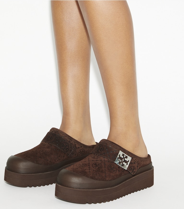 Tory Burch designer flats T Monogram Mellow Shearling Platform Mule in DARK COCOA T MONOGRAM / SILVER angle