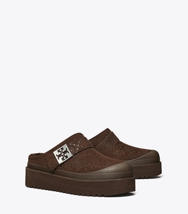 Tory Burch designer flats T Monogram Mellow Shearling Platform Mule in DARK COCOA T MONOGRAM / SILVER angle