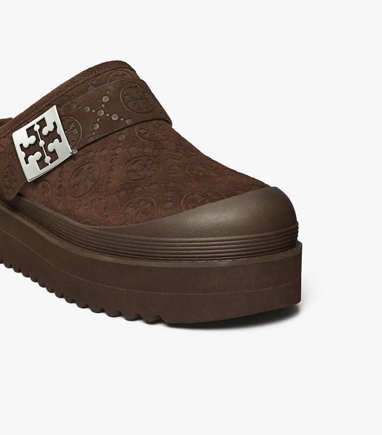 Tory Burch designer flats T Monogram Mellow Shearling Platform Mule in DARK COCOA T MONOGRAM / SILVER angle