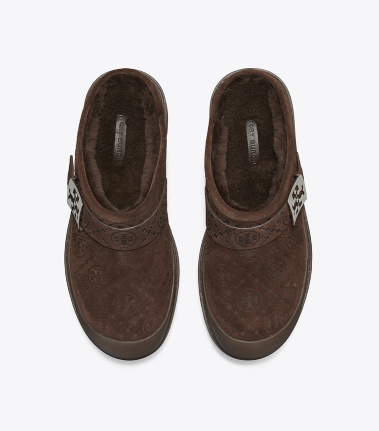 Tory Burch designer flats T Monogram Mellow Shearling Platform Mule in DARK COCOA T MONOGRAM / SILVER angle