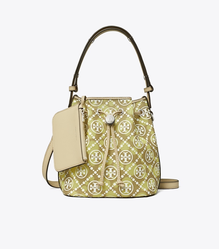 Tory Burch designer クロスボディバッグ Tモノグラム メッシュ ドット バケットバッグ in Khaki / Honey Dew angle