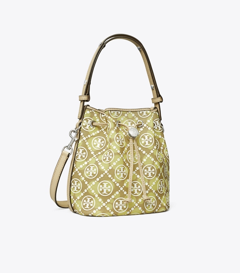 Tory Burch designer クロスボディバッグ Tモノグラム メッシュ ドット バケットバッグ in Khaki / Honey Dew angle
