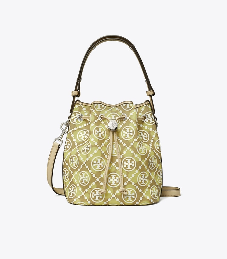 Tory Burch designer クロスボディバッグ Tモノグラム メッシュ ドット バケットバッグ in Khaki / Honey Dew front