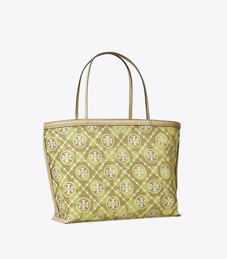 Tory Burch designer tote bags T Monogram Mesh Dot Tote in Khaki / Honeydew angle