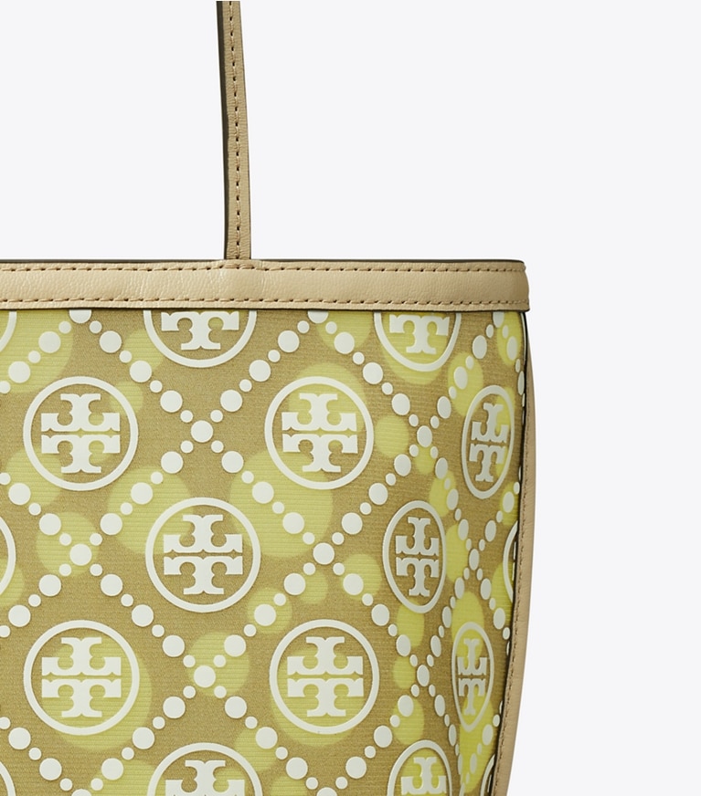 Tory Burch designer tote bags T Monogram Mesh Dot Tote in Khaki / Honeydew angle