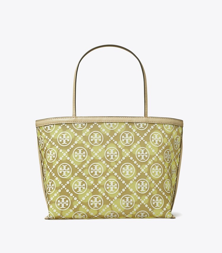 Tory Burch designer tote bags T Monogram Mesh Dot Tote in Khaki / Honeydew front
