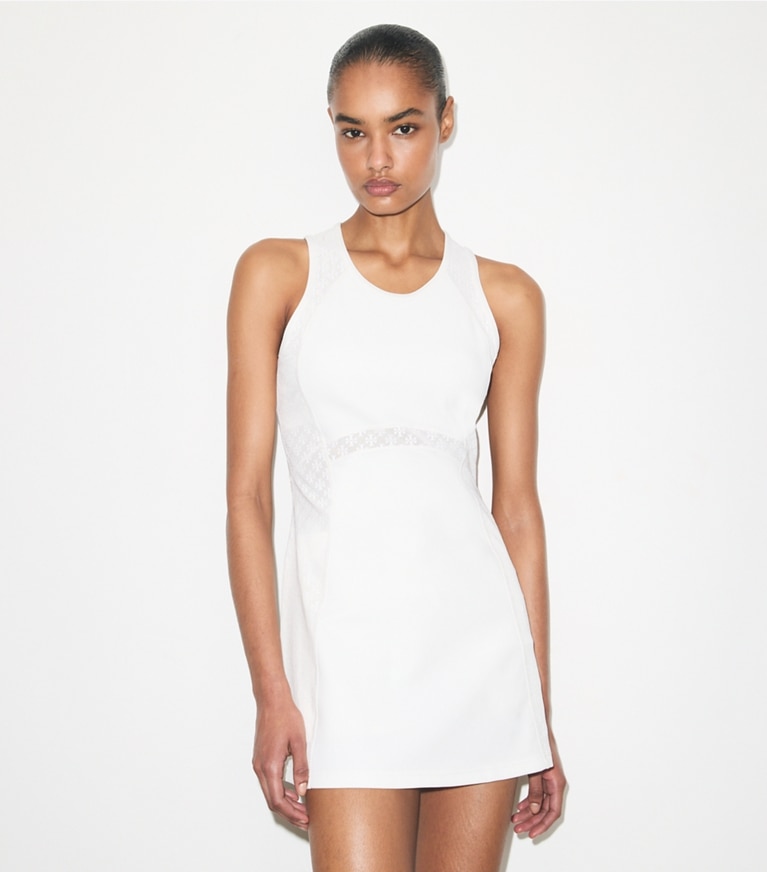 Tory Burch designer dresses T Monogram Mesh Tank Dress in Snow White on model detail