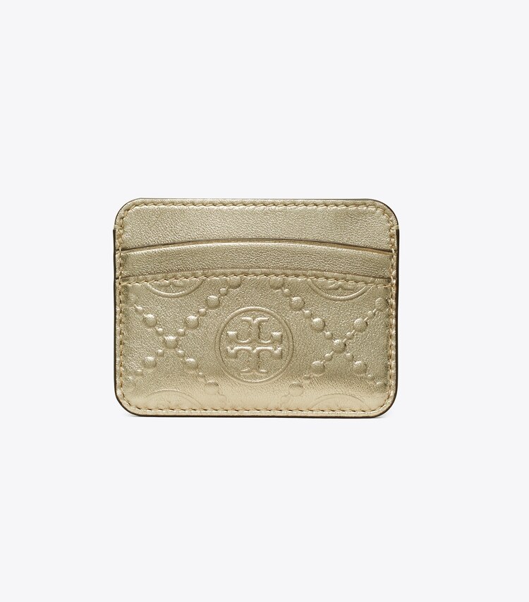 Tory Burch designer card cases T Monogram Metallic Embossed Card Case in Gold front