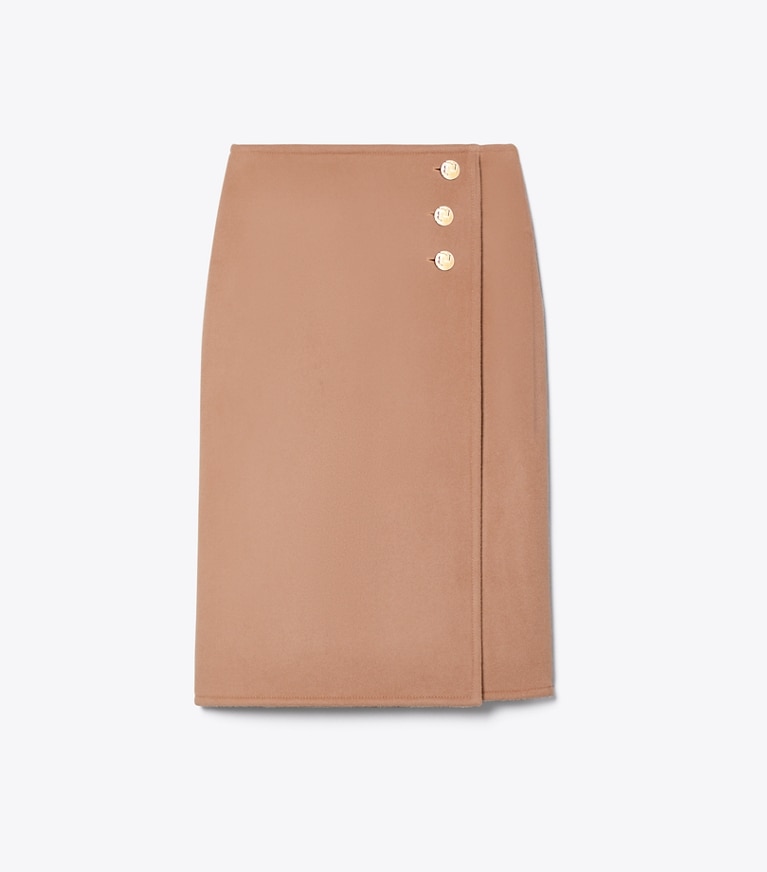 Tory Burch designer bottoms T Monogram Midi Wrap Skirt in Beige T-Monogram front