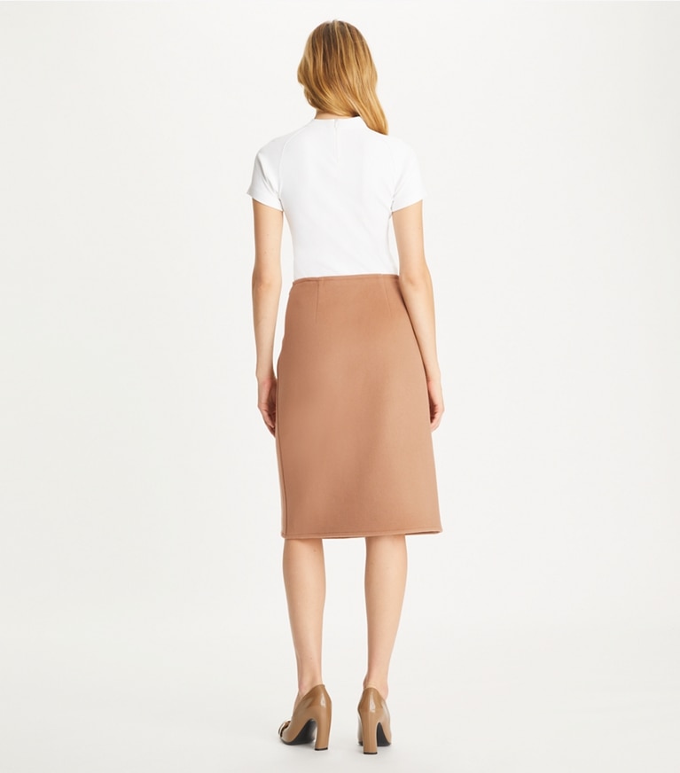 Tory Burch designer bottoms T Monogram Midi Wrap Skirt in Beige T-Monogram front