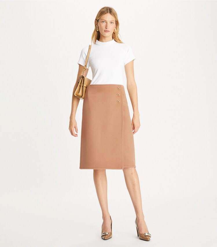 Tory Burch designer bottoms T Monogram Midi Wrap Skirt in Beige T-Monogram on model front