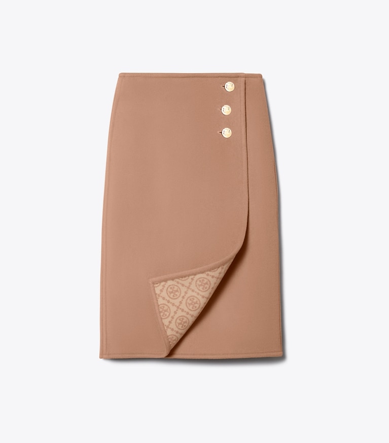 Tory Burch designer bottoms T Monogram Midi Wrap Skirt in Beige T-Monogram front
