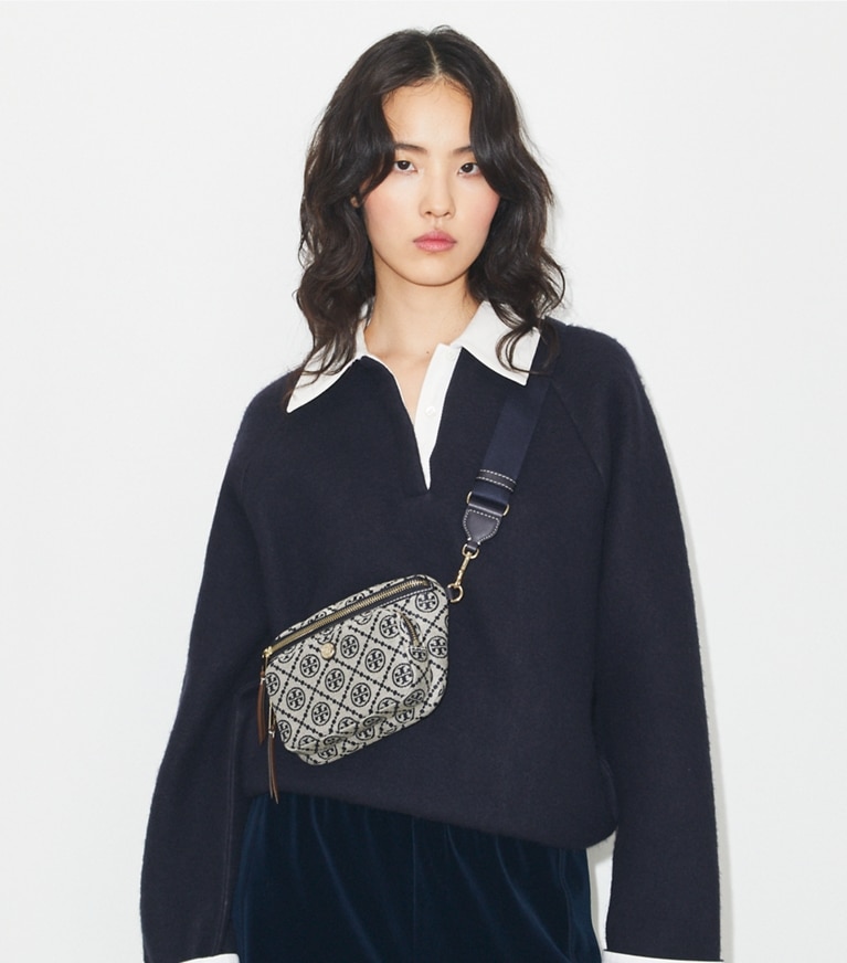 Tory Burch designer belt bags T Monogram Mini Belt Bag in Tory Navy angle