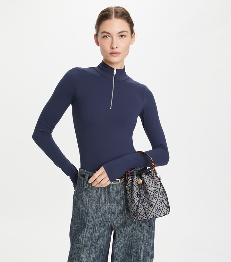 Tory Burch designer crossbody bags T Monogram Mini Bucket Bag in Tory Navy angle