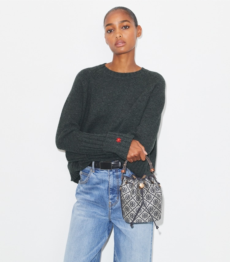 Tory Burch designer crossbody bags T Monogram Mini Bucket Bag in Tory Navy additional on model