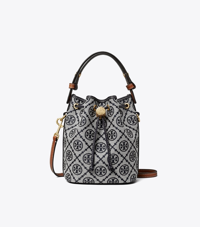 Tory Burch designer crossbody bags T Monogram Mini Bucket Bag in Tory Navy angle