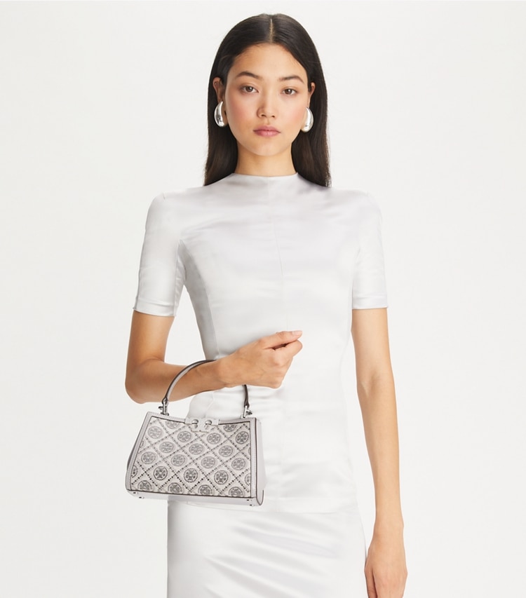 Tory Burch designer crossbody bags T Monogram Mini Eleanor Satchel in Gray additional on model