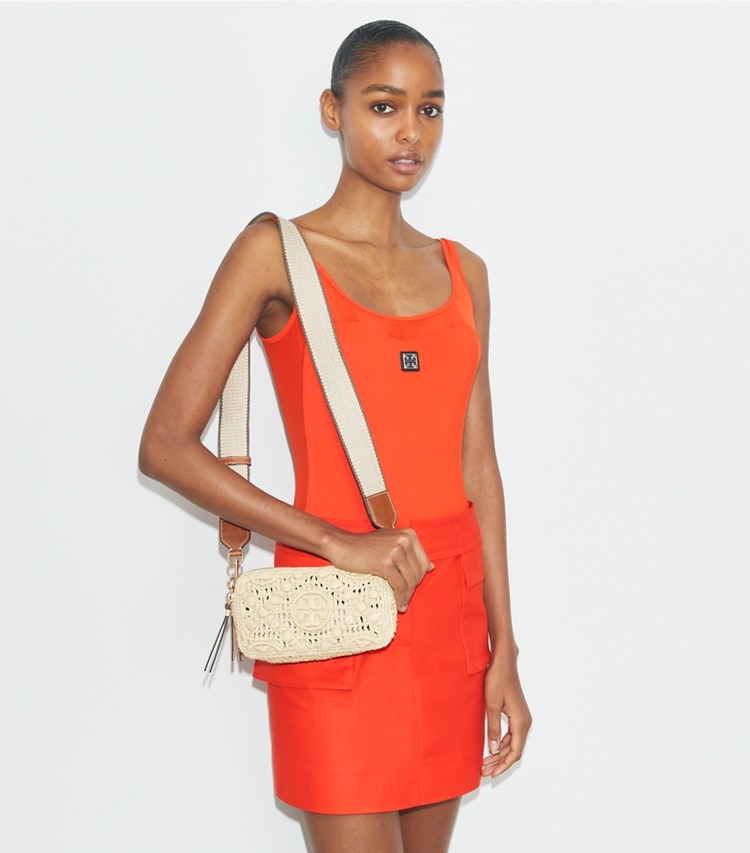 Tory Burch designer crossbody bags T Monogram Mini Miller Raffia Crossbody Bag in Natural accessory on model