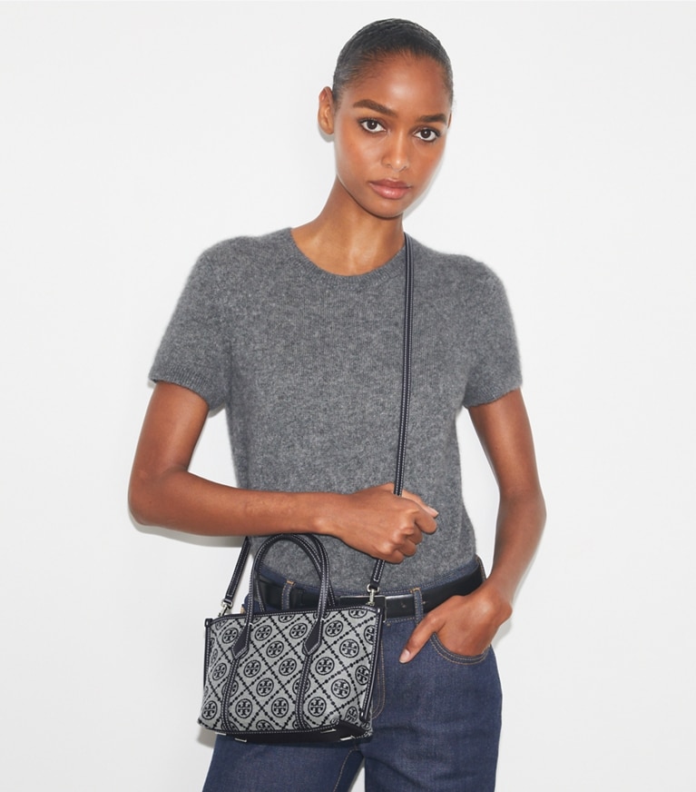 Tory Burch designer crossbody bags T Monogram Mini Perry Tote in Tory Navy angle