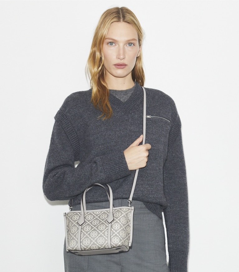 Tory Burch designer crossbody bags T Monogram Mini Perry Tote in Gray angle