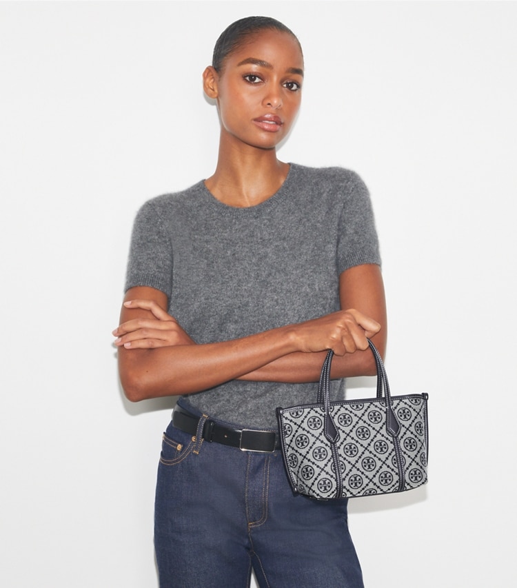 Tory Burch designer crossbody bags T Monogram Mini Perry Tote in Tory Navy additional on model