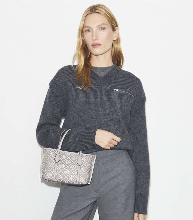 Tory Burch designer crossbody bags T Monogram Mini Perry Tote in Gray additional on model