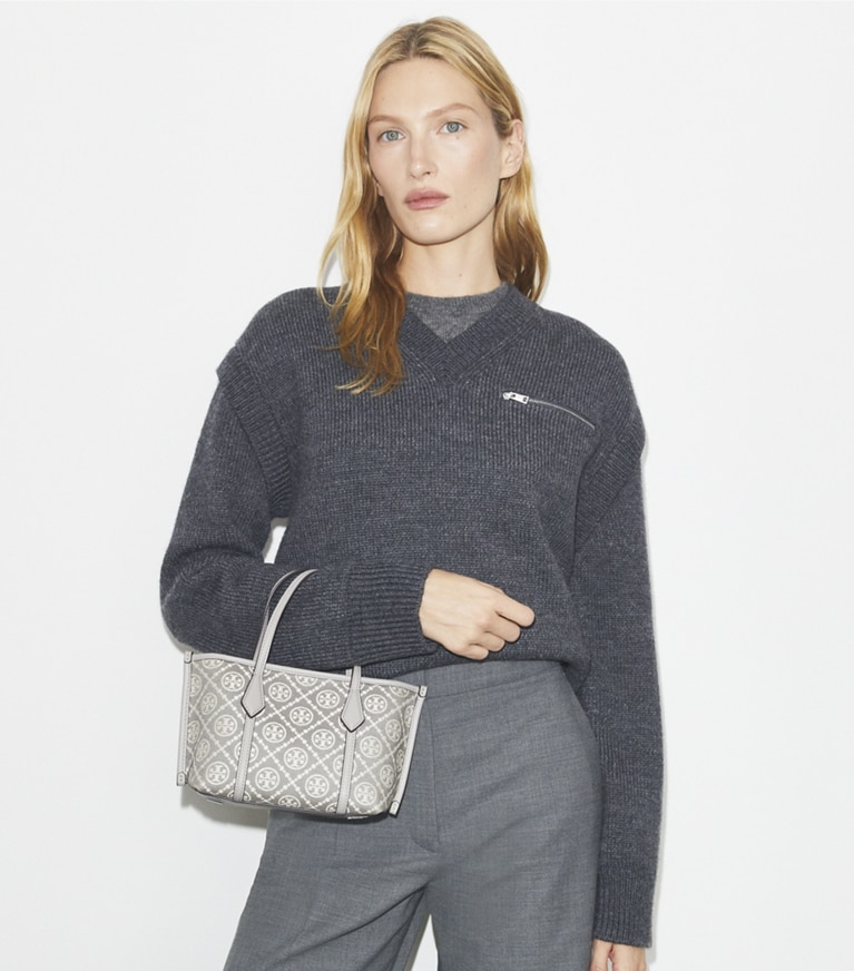 Tory Burch designer crossbody bags T Monogram Mini Perry Tote in Gray angle