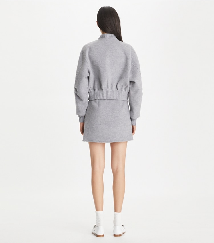Tory Burch designer bottoms T Monogram Mini Skirt in Gray Melange T Monogram Jacquard Combo B on model back