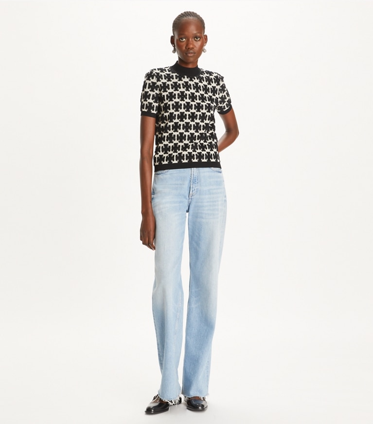 Tory Burch designer tops T Monogram Mock-Neck Tee in BLACK / FRENCH CREAM front